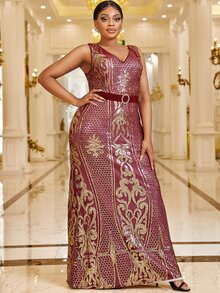 Giffniseti Plus Graphic Print Contrast Belted Sequin Dress - Multicolor - View 6