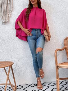 SHEIN LUNE Swiss Dot Tie Back Batwing Sleeve Blouse - Hot Pink - View 5