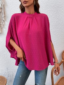 SHEIN LUNE Swiss Dot Tie Back Batwing Sleeve Blouse - Hot Pink - View 6