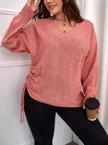 SHEIN LUNE Plus Dolman 袖抽绳侧毛衣针织套头衫秋冬 - 珊瑚粉 - 查看 1