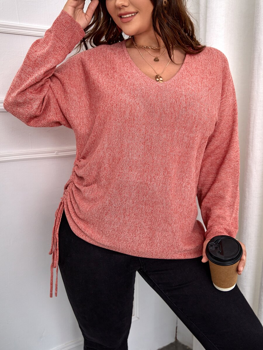 SHEIN LUNE Plus Dolman 袖抽绳侧毛衣针织套头衫秋冬 - 珊瑚粉 - 查看 1