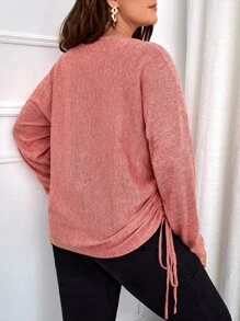 SHEIN LUNE Plus Dolman 袖抽绳侧毛衣针织套头衫秋冬 - 珊瑚粉 - 查看 2