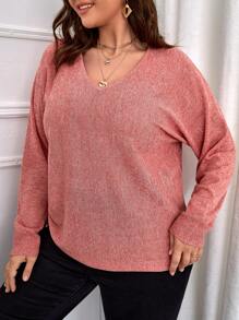 SHEIN LUNE Plus Dolman 袖抽绳侧毛衣针织套头衫秋冬 - 珊瑚粉 - 查看 5