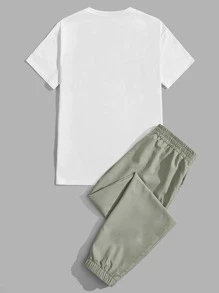 Manfinity VCAY Ensemble de tee-shirt à manches courtes et pantalon d'été avec bloc de couleurs, palmier et slogan graphique pour homme, tenue casual
