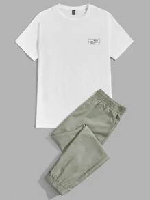 Manfinity VCAY Ensemble de tee-shirt à manches courtes et pantalon d'été avec bloc de couleurs, palmier et slogan graphique pour homme, tenue casual