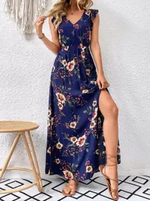 Breezaya Vestido largo de vacaciones/playa con estampado floral, volantes y abertura en el muslo para mujeres - Azul - Ver 4