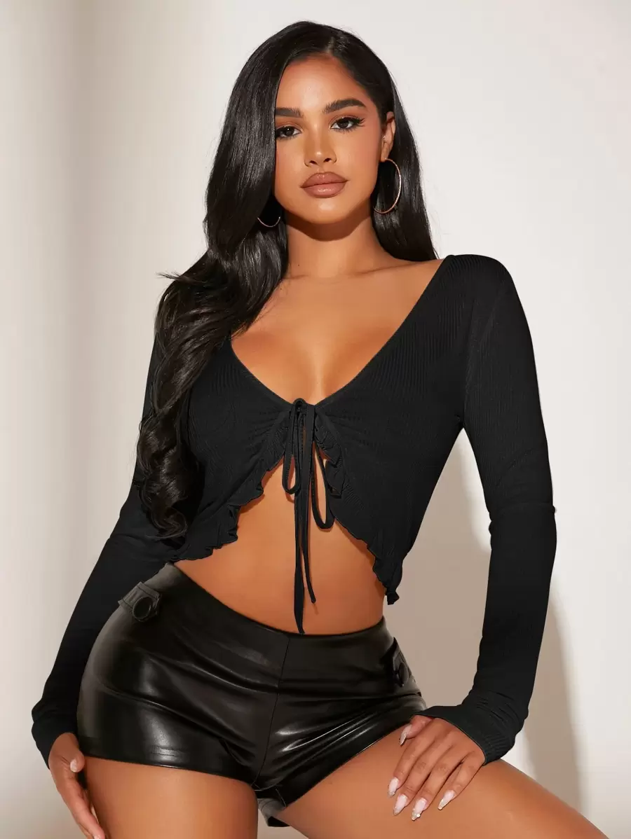 SHEIN SXY Solid Tie Front Crop Top - Black - View 1