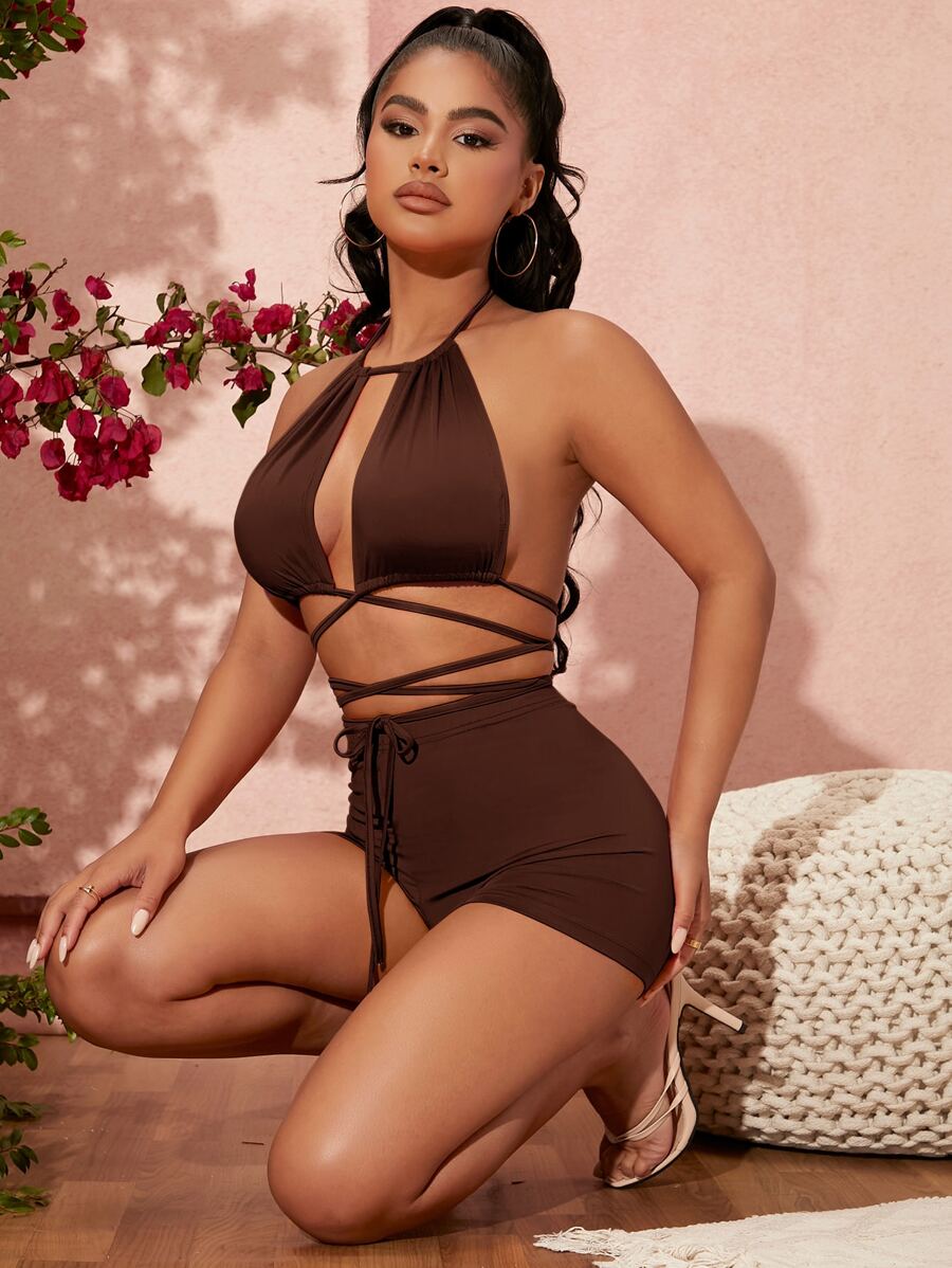 SHEIN SXY Bộ đồ hai mảnh nữ Lộ Lưng Hội Chữ thập Buộc lại màu trơn Gợi cảm - Màu nâu Sô-cô-la - Xem 1