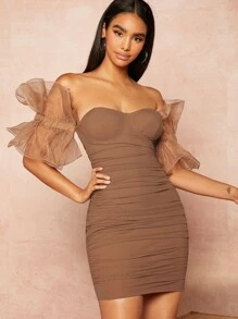 Đầm Tương phản Mesh Xù Dây kéo màu trơn Thanh lịch - Màu Khaki - Xem 3