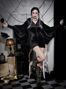 Bat Wings Detail Fuzzy Trim Hooded Romper - Black - View 1