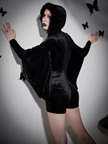 Bat Wings Detail Fuzzy Trim Hooded Romper - Black - View 2