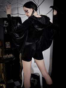 Bat Wings Detail Fuzzy Trim Hooded Romper - Black - View 3