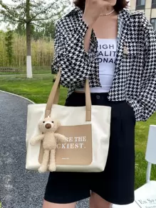 Túi đeo vai nữ họa tiết chữ Kawaii dễ thương, dung tích lớn, thiết kế chữ thời trang, túi tote nhiều màu, dành cho nữ, tân binh & nhân viên văn phòng, làm quà tặng cho giáo viên, dành cho bé gái, thiếu nữ, dành cho quý cô, dành cho nữ có mặt dây chuyền hình gấu, dùng khi đi làm/đi chơi/đi làm/văn phòng, dùng cho lễ hội/nghỉ mát/ngày lễ, ba lô đi học, túi xách đi học, dung tích lớn - Màu be - Xem 6