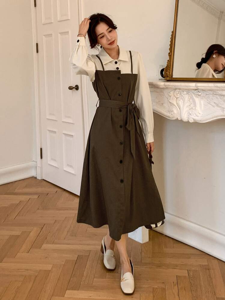 DAZY シャツドレス ツーインワン カラーブロック ベルト | SHEIN