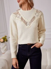Guipure Lace Panel Sweater - Beige - View 1