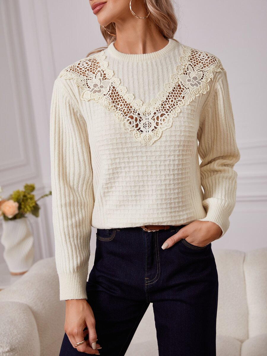 Guipure Lace Panel Sweater - Beige - View 1