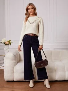 Guipure Lace Panel Sweater - Beige - View 5