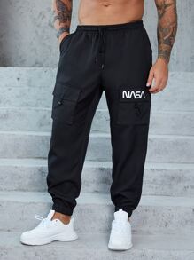 Manfinity Homme Men Plus Loose Fit Cargo Pants With Letter Print And Drawstring Waist - Black - View 5