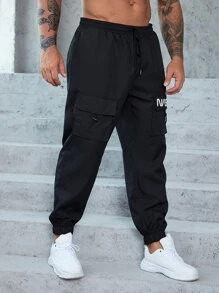 Manfinity Homme Men Plus Loose Fit Cargo Pants With Letter Print And Drawstring Waist - Black - View 6