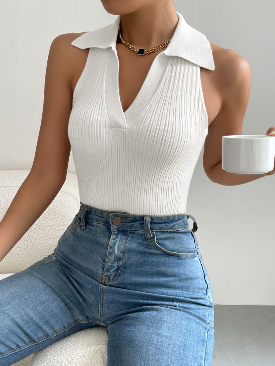 SHEIN Essnce Solid Collared Ribbed Tank Knit Top - White - View 1