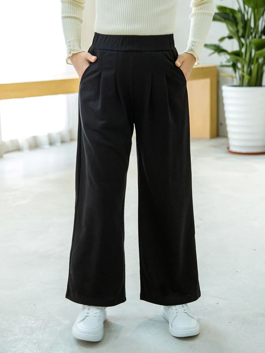 Girls Solid Slant Pocket Joggers - Black - View 1