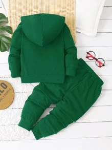 SHEIN 小男童卡通臉圖案連帽衫和衛褲 - 綠色 - 查看 2