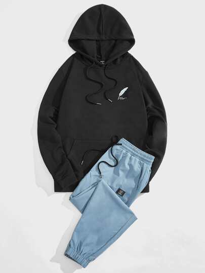 Guys Feather & Letter Graphic Drawstring Hoodie & Pants