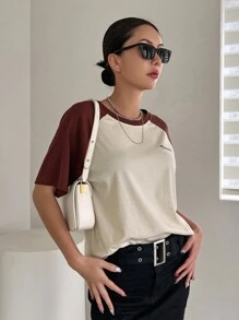 DAZY Camiseta con estampado de letra de color combinado de manga raglán - Multicolor - Ver 3