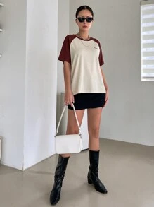 DAZY Camiseta con estampado de letra de color combinado de manga raglán - Multicolor - Ver 4