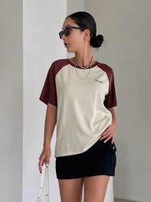 DAZY Camiseta con estampado de letra de color combinado de manga raglán - Multicolor - Ver 5