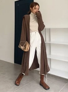 DAZY Hooded Open Front Longline Coat - Coffee Brown - View 1