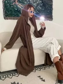 DAZY Hooded Open Front Longline Coat - Coffee Brown - View 3