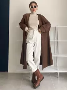 DAZY Hooded Open Front Longline Coat - Coffee Brown - View 5