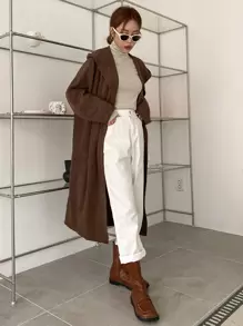 DAZY Hooded Open Front Longline Coat - Coffee Brown - View 6