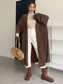 DAZY Hooded Open Front Longline Coat - Coffee Brown - View 7