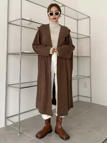 DAZY Hooded Open Front Longline Coat - Coffee Brown - View 9