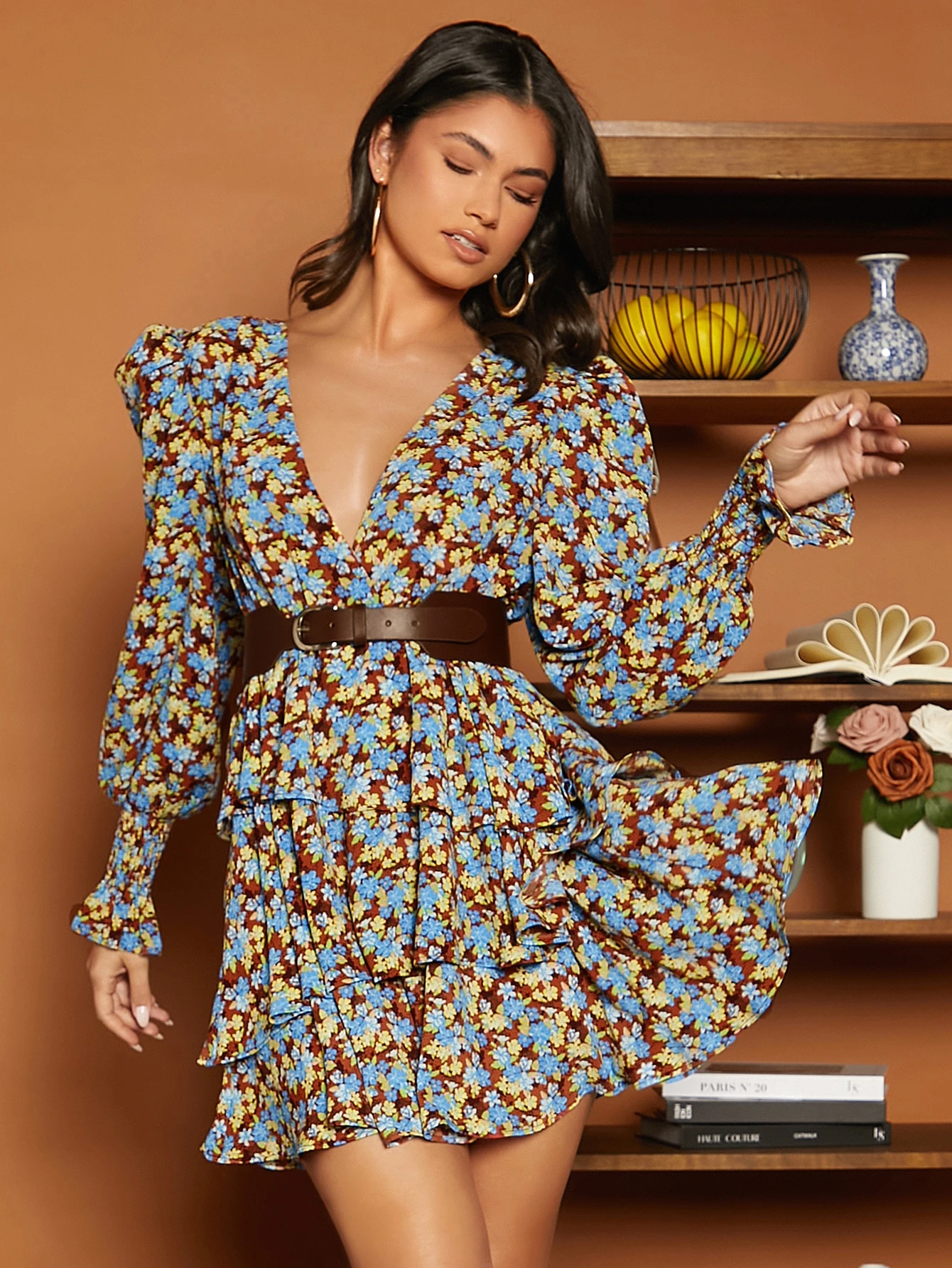 Miniatura 5 de Vestido con estampado floral de manga farol bajo a capas Multicolor