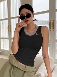 DAZY Contrast Trim Tank Top - Black - View 1