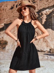 SHEIN VCAY Vestido halter unicolor ribete fruncido con textura - Negro - Ver 7