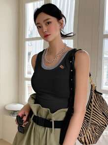 DAZY Contrast Trim Tank Top - Black - View 5