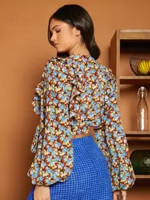 SHEIN VCAY 滿版印花燈籠袖圍裹側打結短款襯衫 - 彩色 - 查看 2