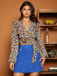 SHEIN VCAY 滿版印花燈籠袖圍裹側打結短款襯衫 - 彩色 - 查看 4