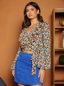 SHEIN VCAY 滿版印花燈籠袖圍裹側打結短款襯衫 - 彩色 - 查看 5