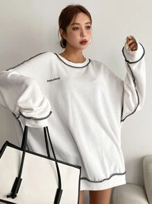 DAZY Letter Embroidery Top-Stitching Drop Shoulder Oversized Sweatshirt,Fall Clothes - White - View 1