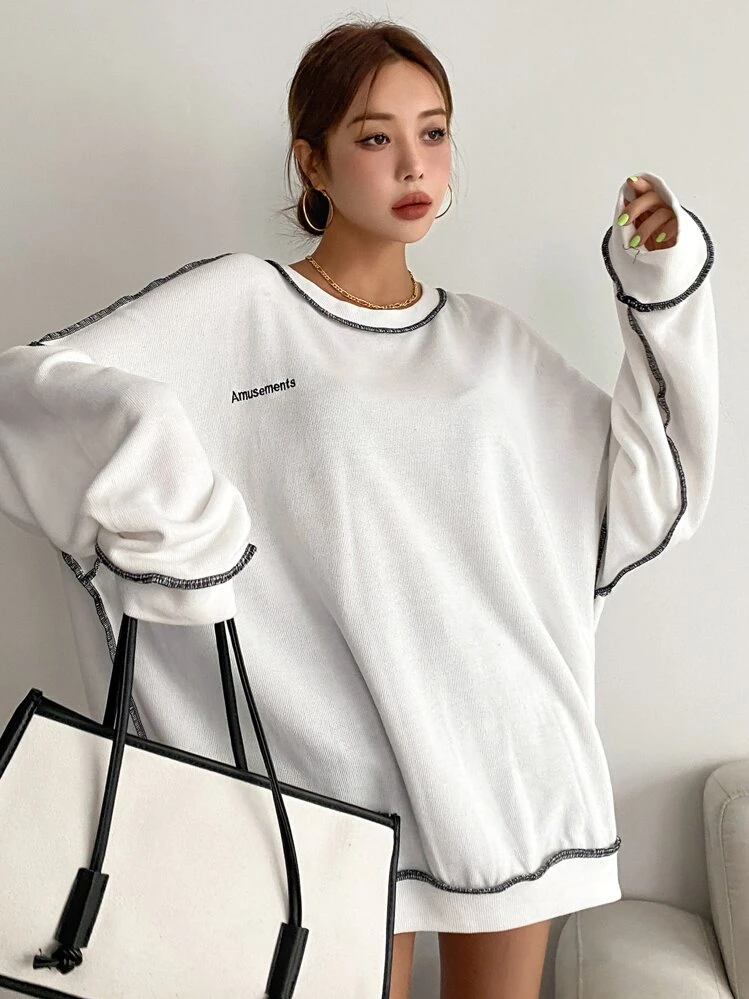DAZY Sudadera oversize con bordado de letras y costura de caída de hombros, ropa de otoño - Blanco - Añade 1