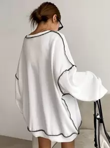 DAZY Letter Embroidery Top-Stitching Drop Shoulder Oversized Sweatshirt,Fall Clothes - White - View 2