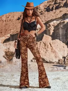 SHEIN ICON 佩斯利印花喇叭褲不附腰帶 - 彩色 - 查看 4