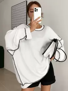 DAZY Letter Embroidery Top-Stitching Drop Shoulder Oversized Sweatshirt,Fall Clothes - White - View 3