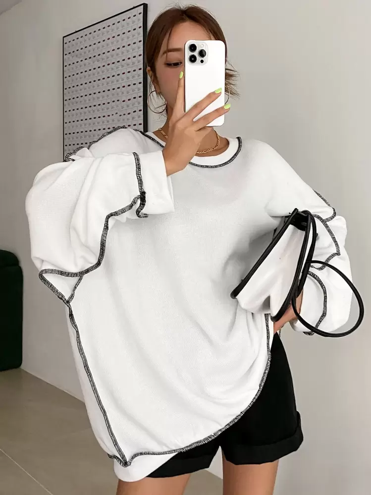 DAZY Sudadera oversize con bordado de letras y costura de caída de hombros, ropa de otoño - Blanco - Añade 3