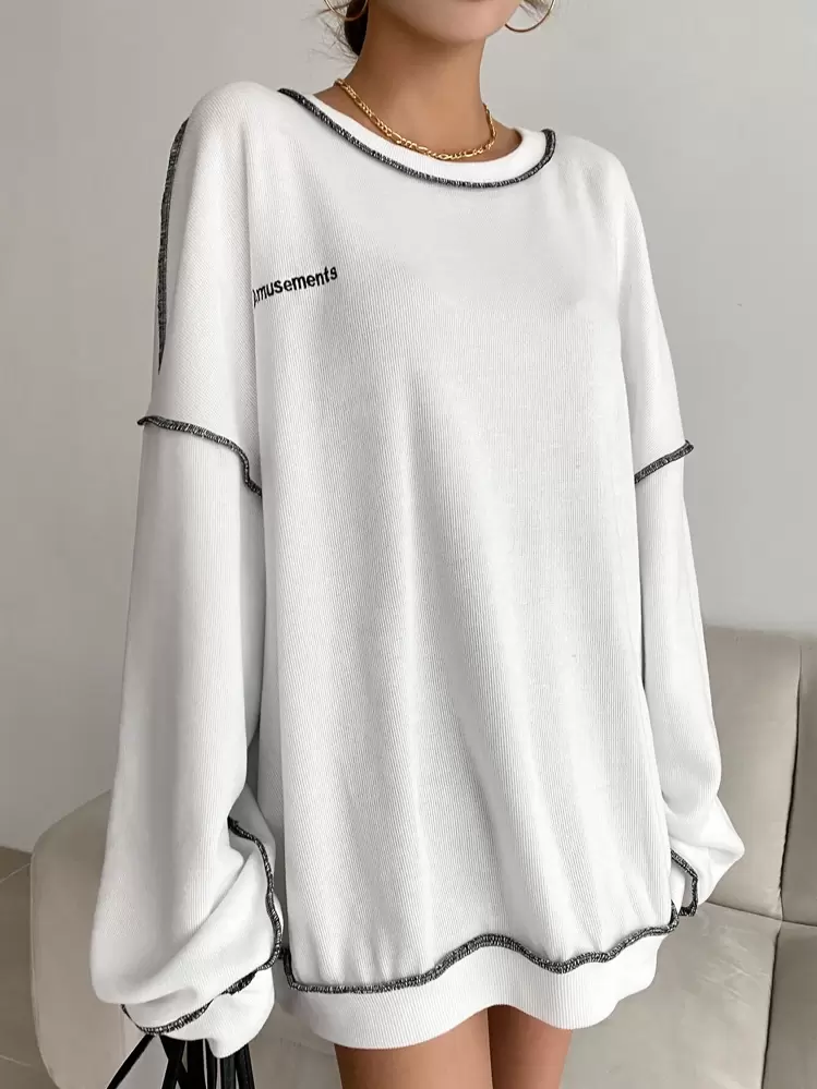 DAZY Sudadera oversize con bordado de letras y costura de caída de hombros, ropa de otoño - Blanco - Añade 4